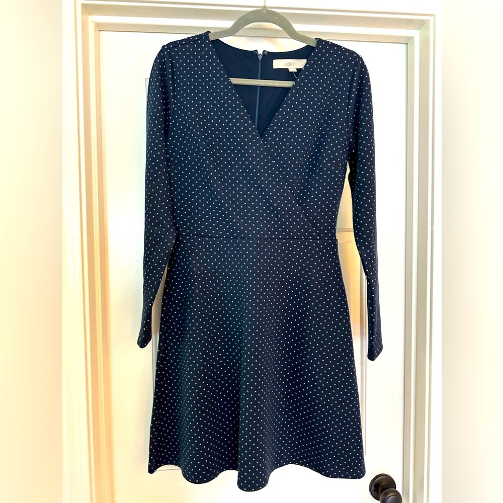 NWT LOFT Navy Blue White Polka Dot Faux Wrap Dress